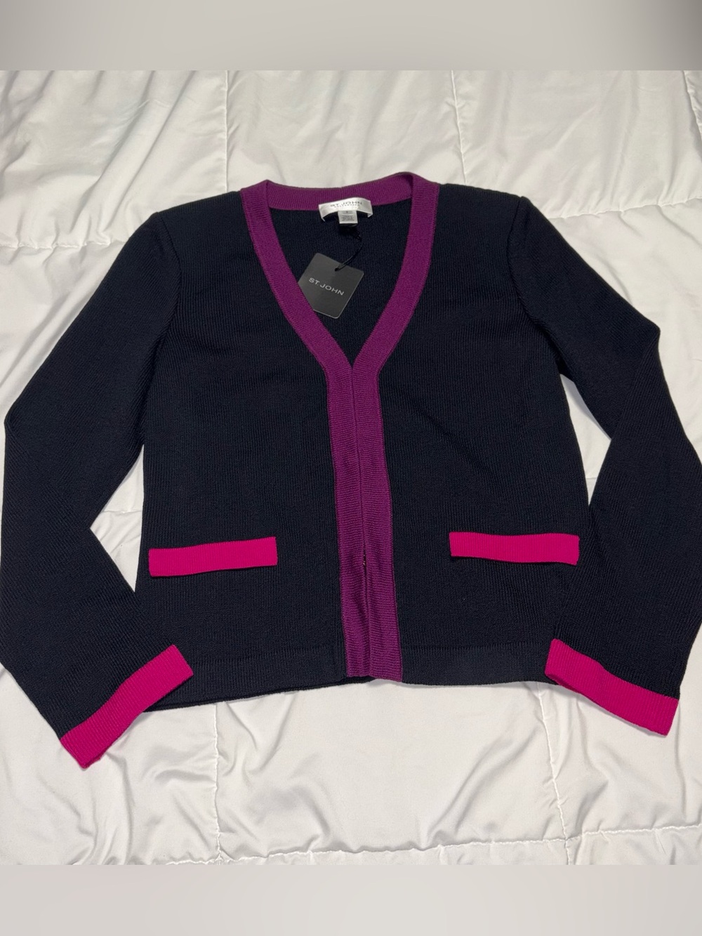 NEW! St John Wool Rayon Colorblock Cardigan Knit Sweater Jacket size 6 Black